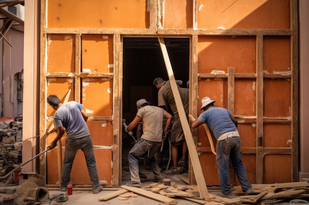 Los trabajadores están trabajando en la construcción de una casa de madera en Tailandia los trabajadores de construcción de puertas generados por IA