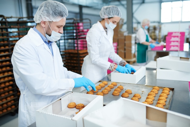 Trabajadores de fábrica de confitería que ponen pasteles en cajas