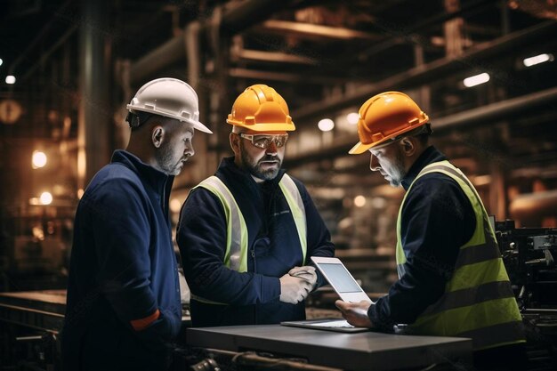 trabajadores en una fábrica una de las cuales tiene un plano en él