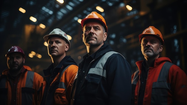 Los trabajadores de fábrica, ingenieros, gerentes y capataces se encuentran en una planta industrial pesada