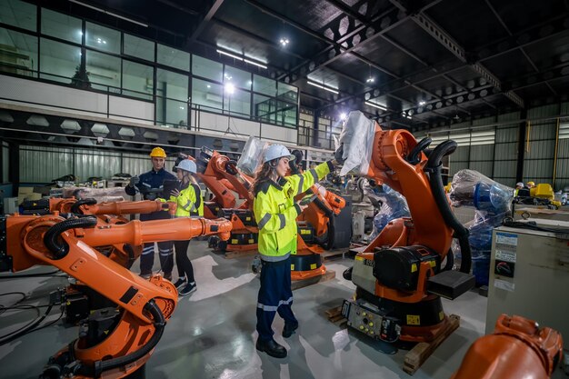 Trabajadores de una fábrica manejan armas robóticas en una instalación de fabricación moderna