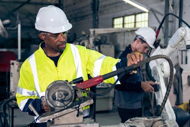 Trabajadores de fábrica que trabajan con un brazo robótico experto en un taller