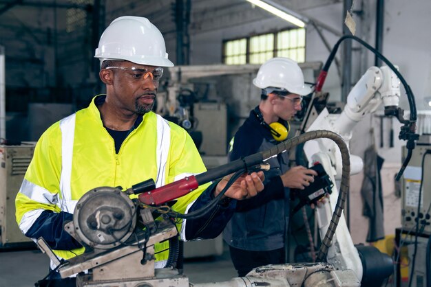 Trabajadores de fábrica que trabajan con un brazo robótico experto en un taller