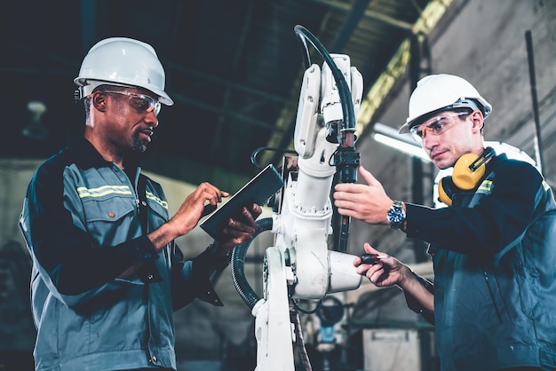 Foto trabajadores de fábrica que trabajan con un brazo robótico experto en un taller