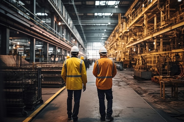 trabajadores de la fábrica con ropa de trabajo y cascos amarillos caminando por la sala de producción industrial