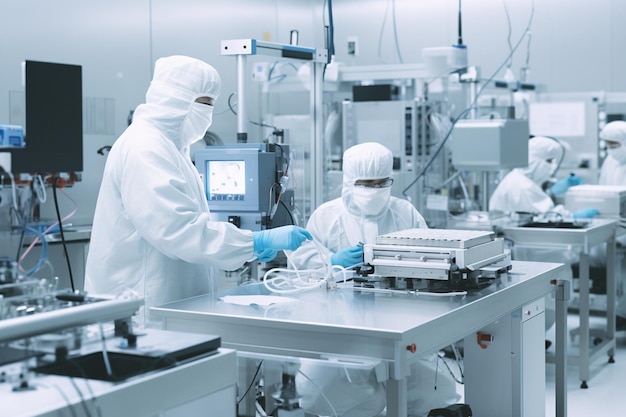 Trabajadores de la fábrica con trajes de laboratorio blancos y guantes de látex negro trabajando con algunos equipos modernos