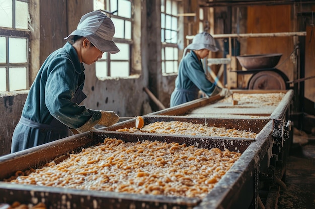 Foto trabajadores de fábricas que manejan materias primas