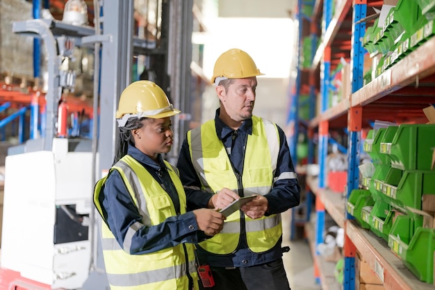 Trabajadores femeninos y masculinos Compruebe el producto