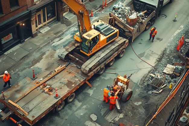 Los trabajadores fijan maquinaria pesada en remolques planos en un sitio de construcción