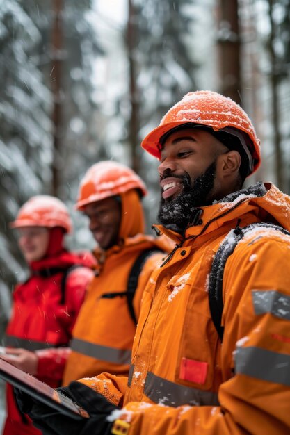 Foto trabajadores forestales felices en equipo de invierno sonriendo durante un día nevado