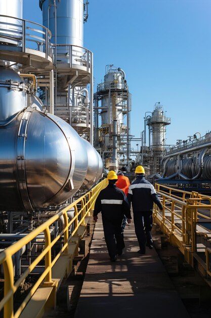 Trabajadores en un gran centro de tuberías Infraestructura de transporte de gas Economía energética