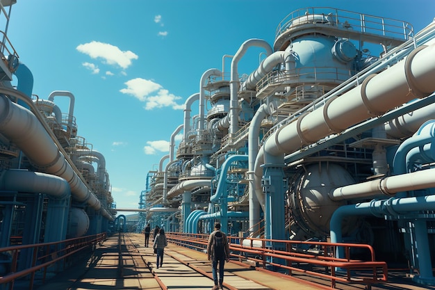 Trabajadores en un gran centro de tuberías Infraestructura de transporte de gas Energía económica y empresarial