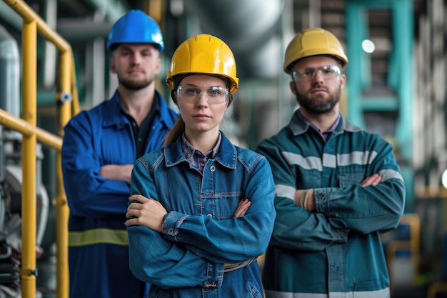 Foto los trabajadores industriales confiados enfatizan la ocupación y la seguridad de la fuerza laboral