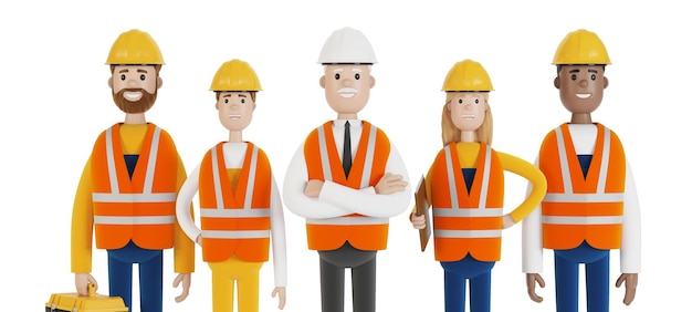 Trabajadores industriales Un equipo de constructores que usan chalecos de seguridad y cascos Ilustración 3D en estilo de dibujos animados