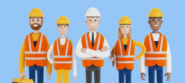 Trabajadores industriales Un equipo de constructores que usan chalecos de seguridad y cascos Ilustración 3D en estilo de dibujos animados