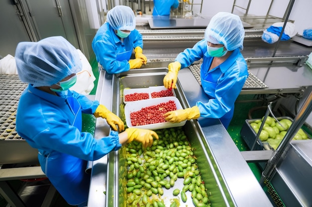 Trabajadores industriales en una planta de procesamiento de alimentos que clasifican y envasan frutas y verduras39