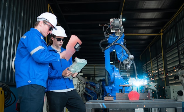 Trabajadores industriales que trabajan con una máquina de soldadura de brazo robótico en fábrica Industria de soldadura de brazo robótico