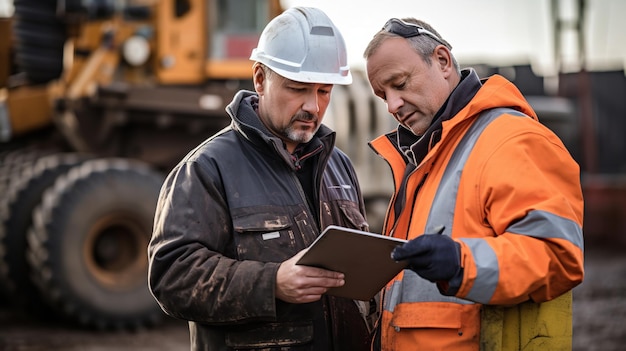 Trabajadores industriales que usan una tableta digital en el sitio