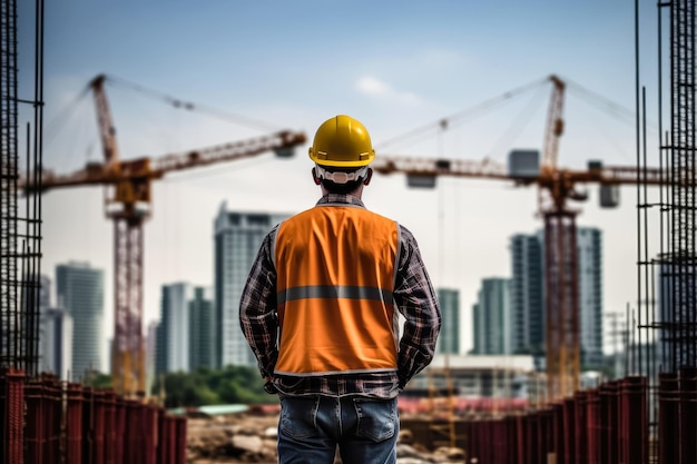 Trabajadores ingenieros con EPI completo de pie mirando el sitio de construcción Vista trasera del arquitecto en el proyecto del sitio con la construcción del edificio Creado con Tecnología Generativa AI