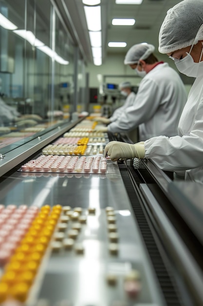 Foto los trabajadores de las instalaciones de embalaje farmacéutico operan maquinaria avanzada para embalajear y etiquetar medicamentos.