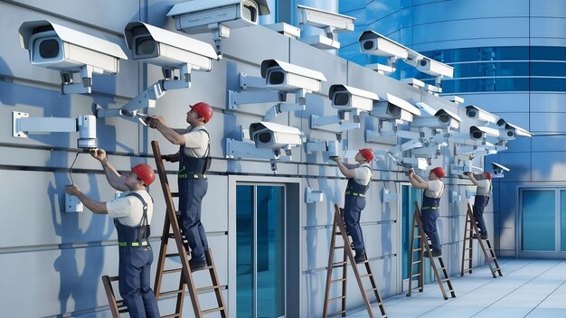 Foto trabajadores instalando cámaras de videovigilancia en las paredes