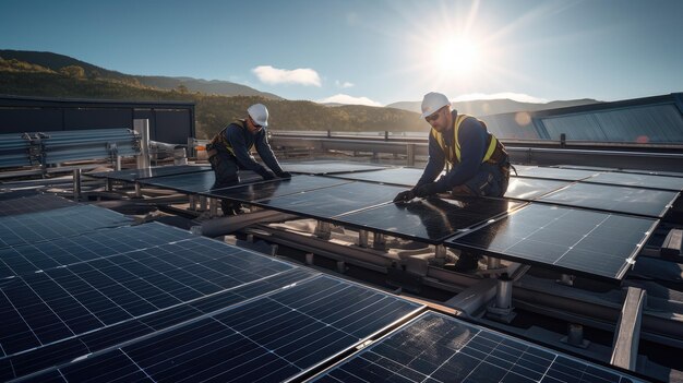 Trabajadores instalando paneles solares fotovoltaicos en el campo