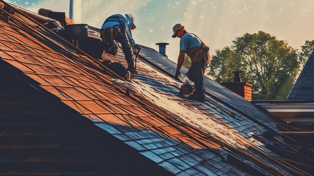 Foto trabajadores instalando tejas en el techo de la casa