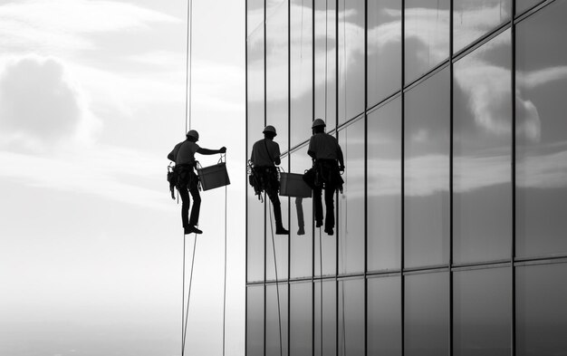 Trabajadores lavando ventanas en el edificio de oficinas.