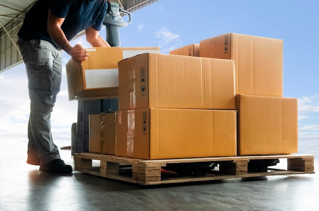 Trabajadores levantando cajas de embalaje en paletas Cajas de cartón Suministros de envío Cajas de envío de almacén