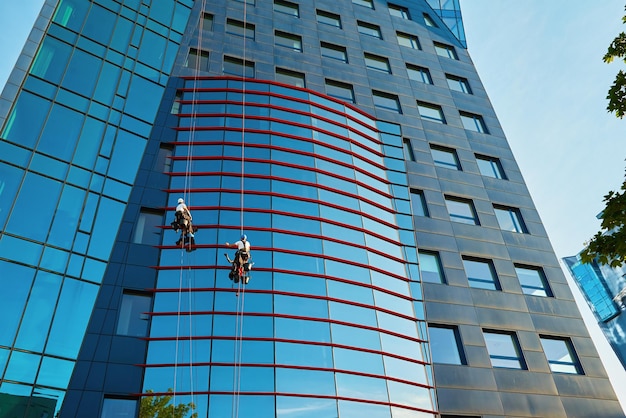 Trabajadores limpiando ventanas en el centro de negocios en scyscraper