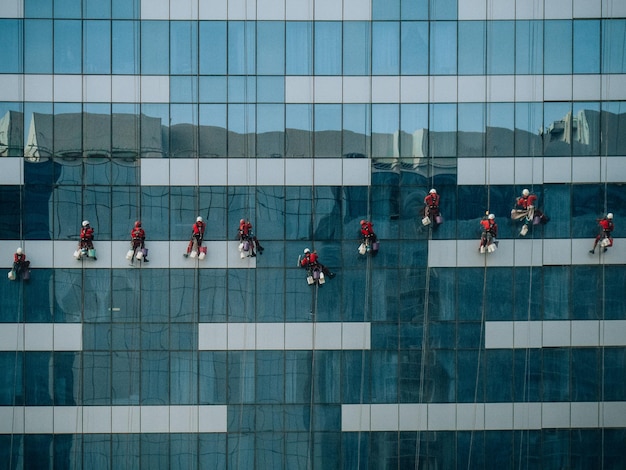 Foto trabajadores limpiando las ventanas de un edificio de oficinas