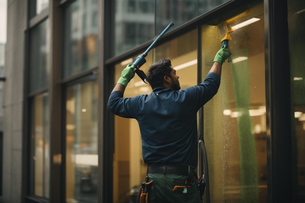 Foto trabajadores de limpieza de rascacielos colgando del exterior del edificio
