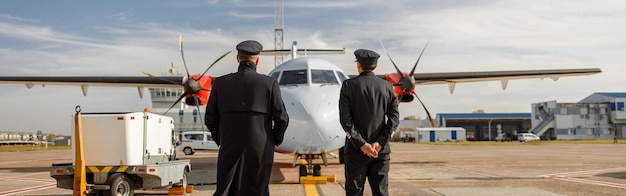 Trabajadores masculinos de aerolíneas parados al aire libre en el aeropuerto