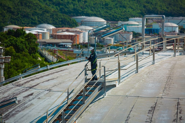 Los trabajadores masculinos son para la inspección de la cúpula de la placa del techo en la parte superior del almacenamiento