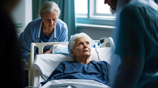 Foto trabajadores médicos aconsejan a una anciana acostada en una cama de hospital en una sala del hospital