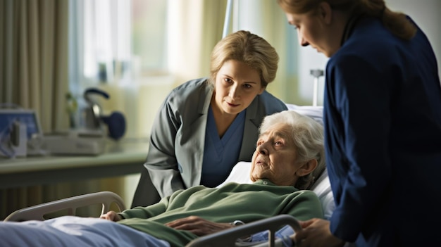 Trabajadores médicos aconsejan a una anciana acostada en una cama de hospital en una sala del hospital