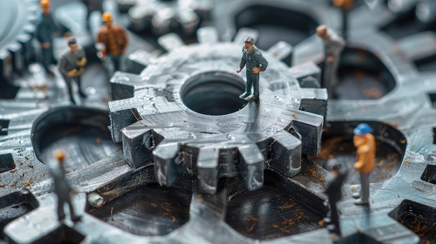 Trabajadores en miniatura navegando en grandes engranajes industriales Concepto de trabajo en equipo