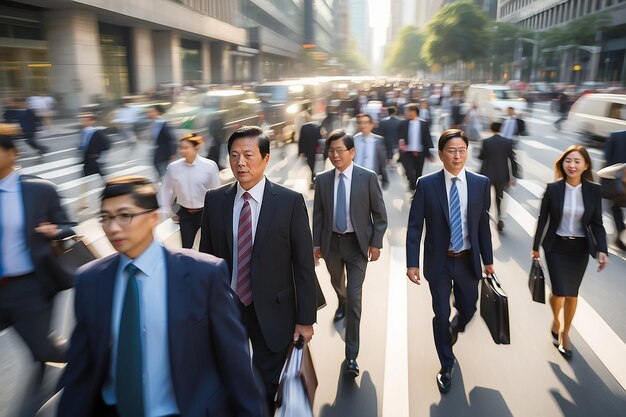 Foto trabajadores de negocios y de oficina que van a trabajar en un borrón rápido durante la hora pico de la mañana