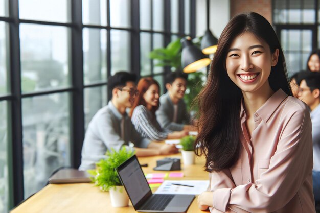 trabajadores de oficina exitosos sonriendo por el trabajo realizado con éxito