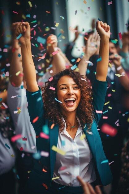 Foto trabajadores de oficina jóvenes de pie felices con las manos en alto un montón de color confeti tiempo del día