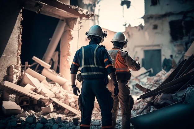 Trabajadores de la operación de rescate del terremoto en uniforme y cascos limpiando escombros Secuelas del terremoto