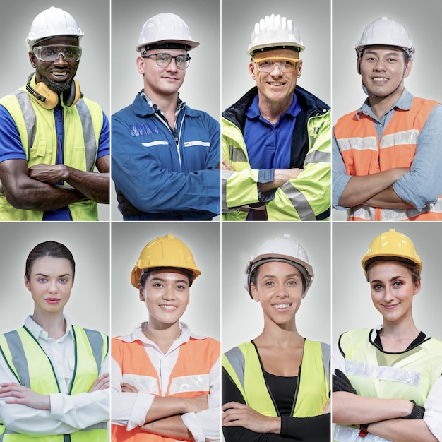 Los trabajadores de pie con confianza con vestido de trabajo azul y casco delante de un fondo blanco