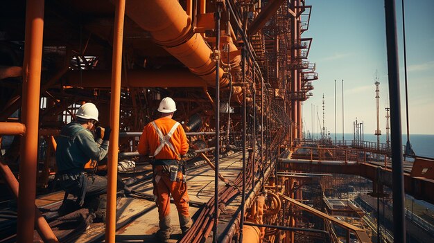 Trabajadores en una planta industrial para la producción y procesamiento de petróleo crudo.