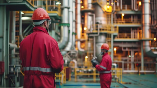 trabajadores en una planta industrial para la producción y procesamiento de petróleo crudo