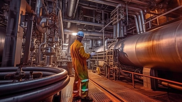 Trabajadores en una planta industrial una refinería para procesamiento de crudo IA generativa
