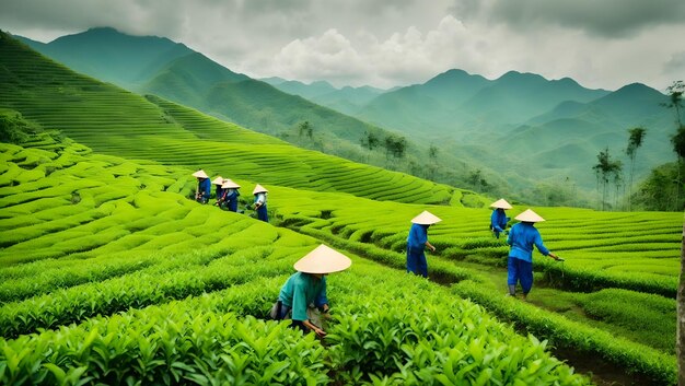 Foto trabajadores en una plantación de té chiang rai cerca de angkhang chiang mai tailandia ia generativa