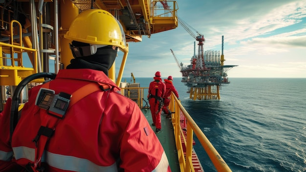 Trabajadores de plataformas oceánicas en plataformas acuáticas que usan cascos para la protección AIG41