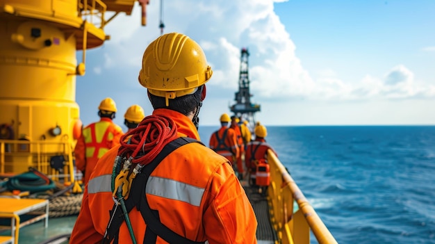 Trabajadores de plataformas oceánicas en plataformas acuáticas que usan cascos para protegerse