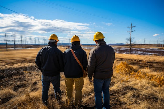 Trabajadores profesionales de la arquitectura Equipo de ingenieros en cascos trabajando AI generativa