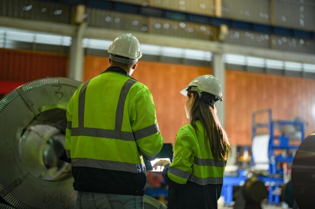 Trabajadores profesionales de ingeniería caminan y comprueban en la fábrica de almacén